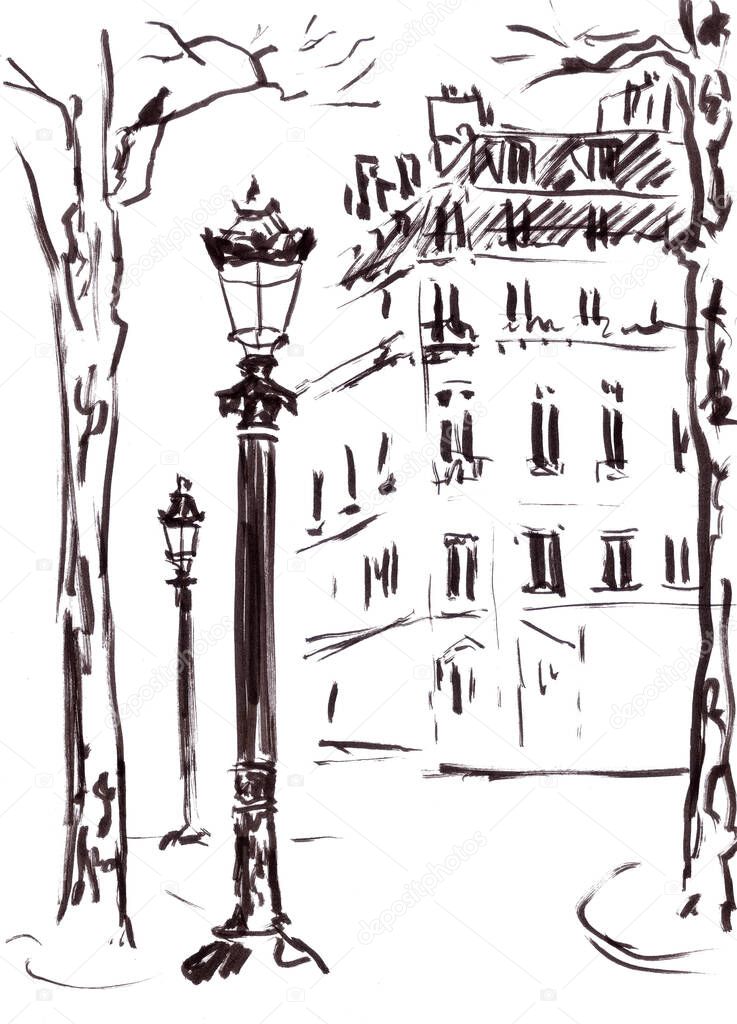 graphic black and white drawing Paris Champs Elysees - lanterns, houses, trees