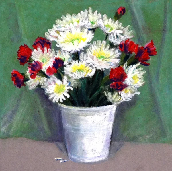 color drawing oil pastel bouquet of white chrysanthemums and red carnations in a metal bucket on a green background