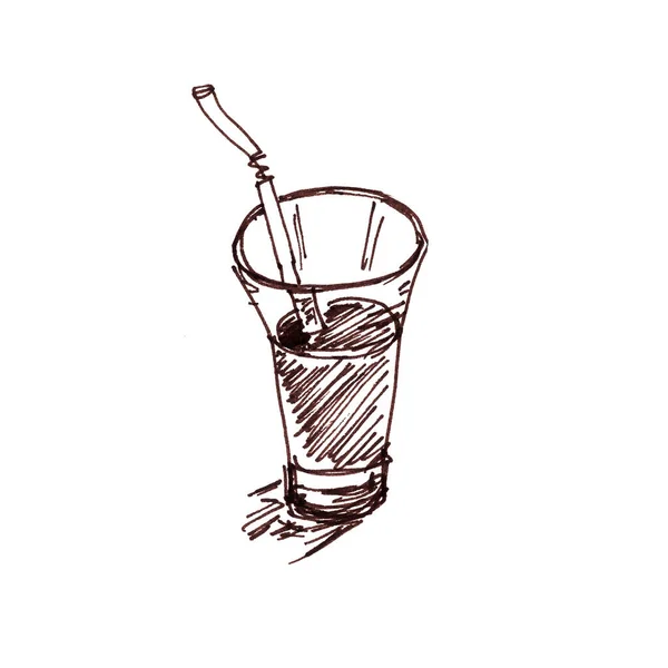 玻璃杯 桌上放着一杯饮料和一根稻草手工作画 — 图库照片