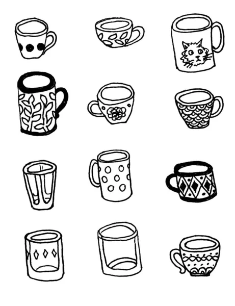Набір Чорно Білих Лінійних Малюнків Чашок Чашок Білому Тлі — стокове фото