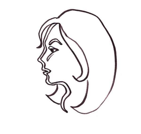 Liniowa Grafika Czarno Biały Rysunek Kobieca Twarz Profilu Białym Tle — Zdjęcie stockowe