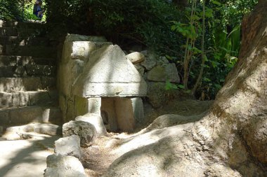 Güneşli bir günde bahar parkında eski binaların, merdivenlerin ve ağaçların kalıntıları.