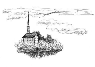 Kulesi ve kulesi olan eski bir malikanenin grafiksel siyah beyaz çizimi. Uçan kale.