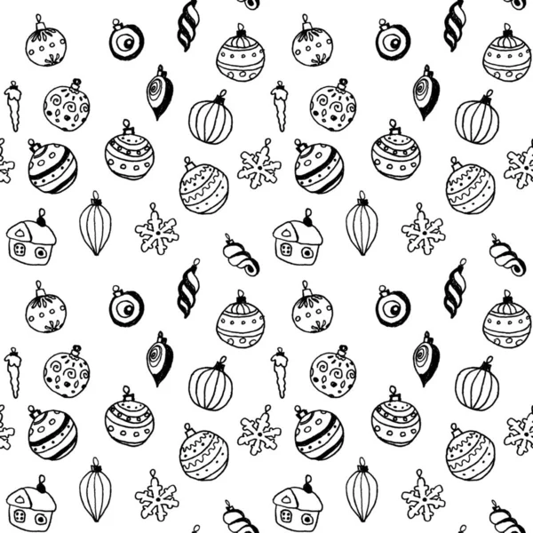 Bezešvé Vzor Černé Bílé Lineární Kresby Vánočních Hraček Bílém Pozadí — Stock fotografie