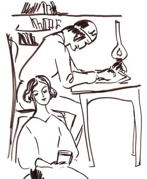 Графический Черно Белый Рисунок Мужчина Пишет Сидя Столом Женщина Читает — стоковое фото