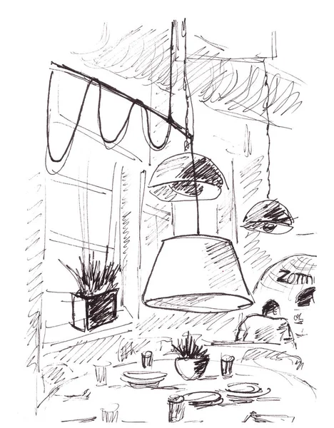 Graphic black and white drawing interior cafe with large lamps on a white background
