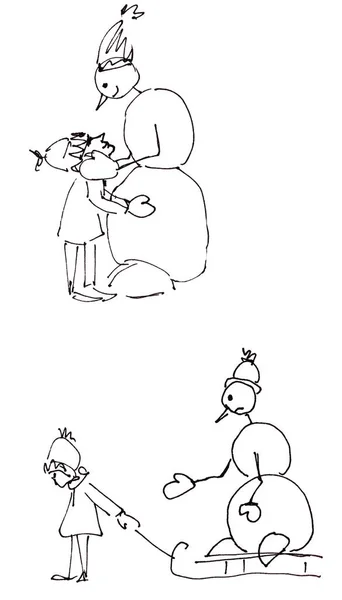 Grafická Černobílá Kresba Dobrodružného Chlapce Sněhuláka Dvě Patra Bílém Pozadí — Stock fotografie