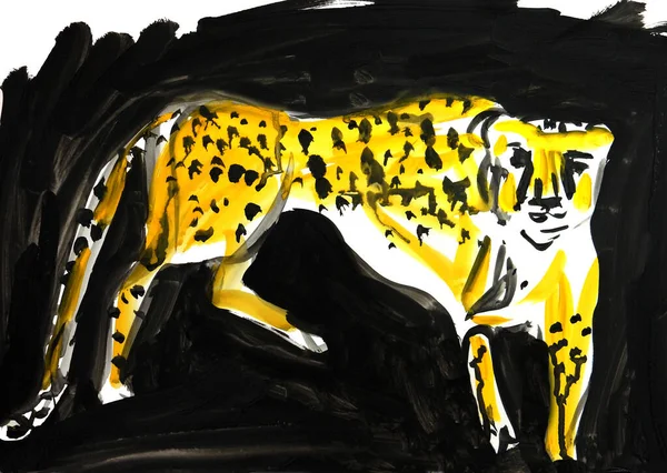 watercolor drawing of a yellow cheetah on a black and white background