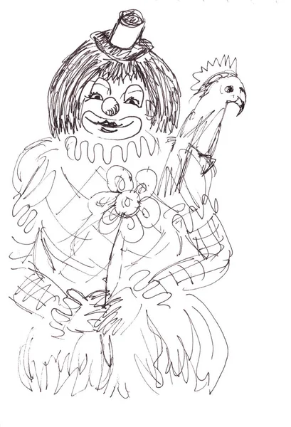 Graphic black and white drawing of a circus clown with a parrot on white background
