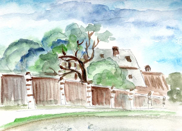 Акварель Рисует Летние Домики Деревья Деревянным Забором — стоковое фото