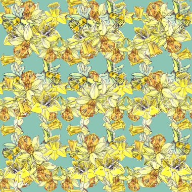 Hafif turkuaz arka planda sarı nergis çiçeklerinin kusursuz deseni.