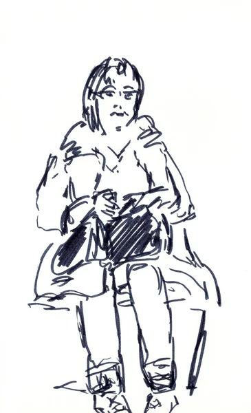 Graficzny Czarno Biały Rysunek Kobiety Okularach Siedzącej Torbie Białym Tle — Zdjęcie stockowe