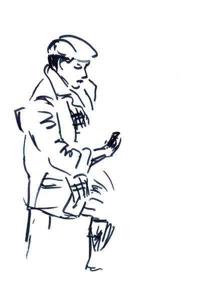 Графічний Чорно Білий Малюнок Сидячого Чоловіка Телефоном Білому Тлі — стокове фото