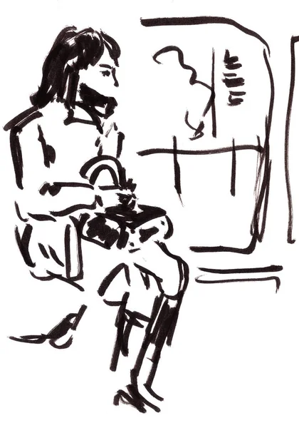 身穿医疗面罩的黑白相间的图画女孩坐在一辆白色背景的火车的窗边 — 图库照片