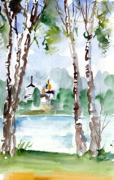 watercolor landscape of birch trees, lake and orthodox church on the far shore