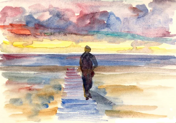 Aquarela Desenho Homem Caminhando Para Mar Pôr Sol — Fotografia de Stock