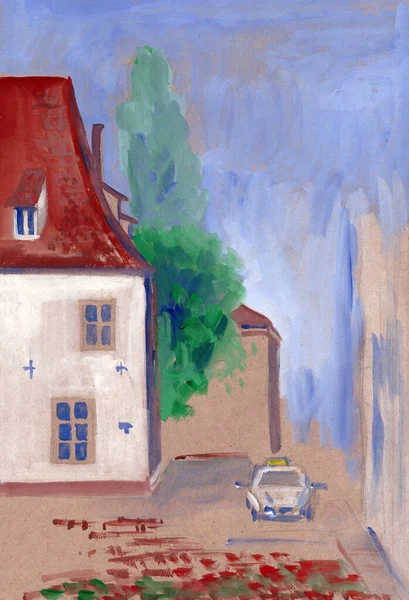 Akvarell Grafisk Flerfärgad Ritning Ett Hus Gamla Riga Och Bil — Stockfoto