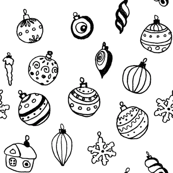 Seamless Pattern Black White Linear Drawings Christmas Toys White Background — Stock Photo, Image