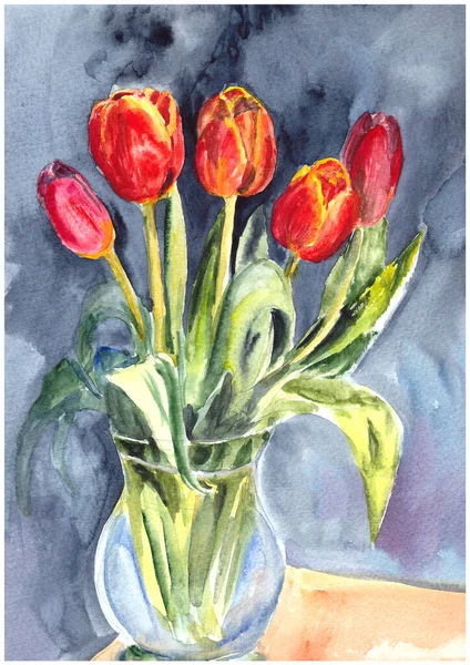 watercolor drawing bouquet of bright red spring tulips on a white background