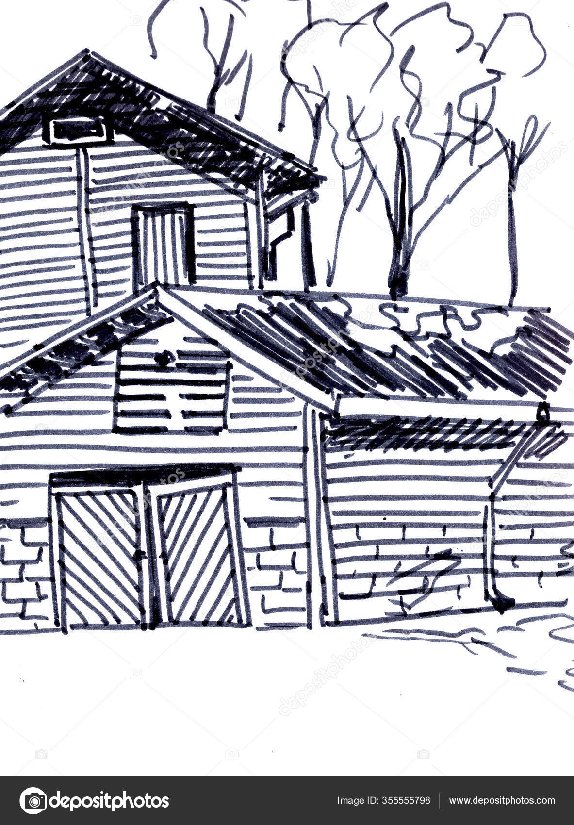 Dessin Lineaire Noir Blanc Deux Maisons Village Bois Pierre Sur Photographie Taelya C 355555798