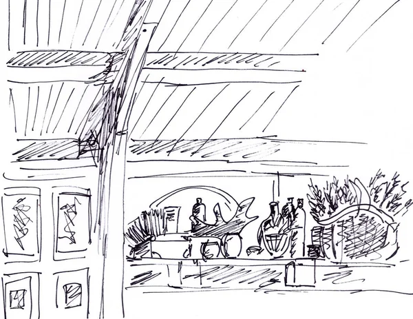 Grafické Černobílé Lineární Kreslení Kavárny Interiér Dřevěným Stropem Trámy Bílém — Stock fotografie