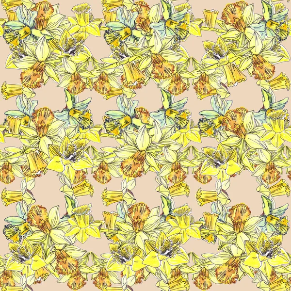 Patrón Sin Costuras Delicadas Flores Primavera Narcisos Amarillos Sobre Fondo —  Fotos de Stock