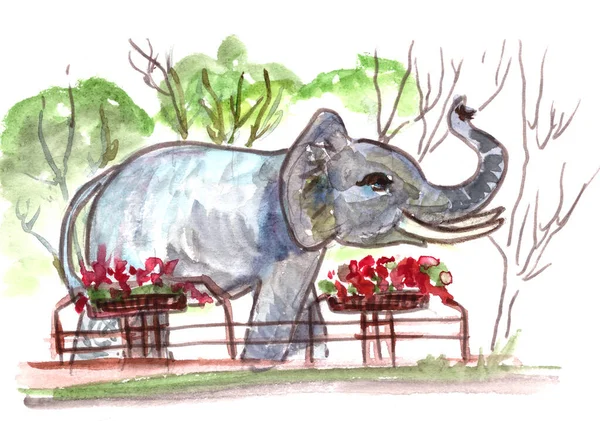 Disegno Acquerello Elefante Ambulante Fiori Vasi Fiori Sfondo Bianco — Foto Stock