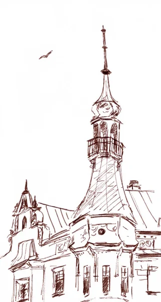 Grafisk Svartvitt Teckning Vacker Gammal Byggnad Staden Riga Jugendstil Med — Stockfoto