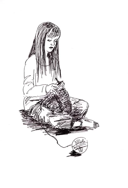 Grafické Černobílé Kreslení Dívka Sedí Pleteniny Koule Nitě Leží Popředí — Stock fotografie