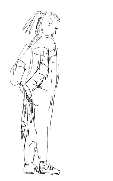Grafische Schwarz Weiß Zeichnung Eines Stehenden Mädchens Mit Einem Rucksack — Stockfoto