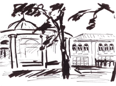 Beyaz zemin üzerinde bir şehir manzarasının grafiksel siyah beyaz çizimi