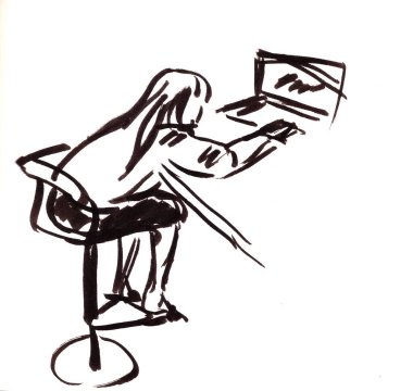 Masada dizüstü bilgisayarı beyaz arka planda olan bir kızın lineer grafik çizimi