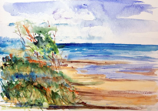 Watercolor abstract seascape with sand, blue sea and willow bushes