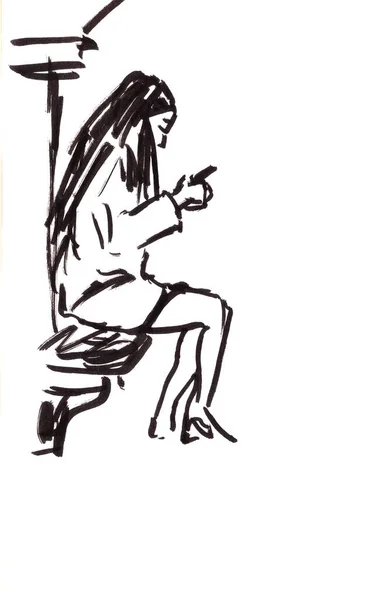 Graphique Noir Blanc Dessin Assis Fille Avec Téléphone Sur Fond — Photo