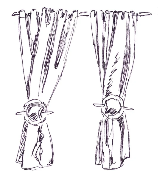 Grafische Schwarz Weiß Zeichnung Zweier Vorhänge Mit Ringhaltern Auf Weißem — Stockfoto