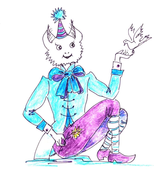 magician cat in a turquoise camisole with a bird in the palm on a white background