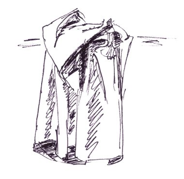 Beyaz arka planda duvarda asılı kapüşon perdeli siyah beyaz kıyafetler.