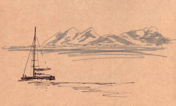 茶色のテクスチャの背景にヨットとクラフト紙の海の上のグラフィック図面 — ストック写真