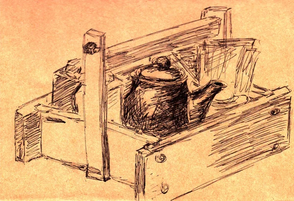 Kahverengi Doku Arka Planında Işi Kağıt Çay Seti Üzerine Grafik — Stok fotoğraf