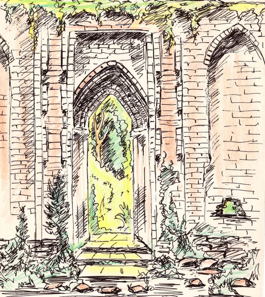 graphic drawing of the ruins of a brick gate on brown texture background