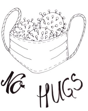 Tıbbi maske ile Coronavirus COVID-19 çizilmiş. Sarılma yok.