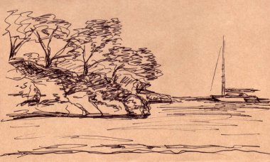 Kağıtlı deniz manzarası ve desenli kahverengi bir arka planda yatı olan grafik çizimi