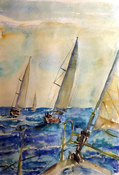 watercolor multicolor drawing on textured paper many yachts during the race sea regatta