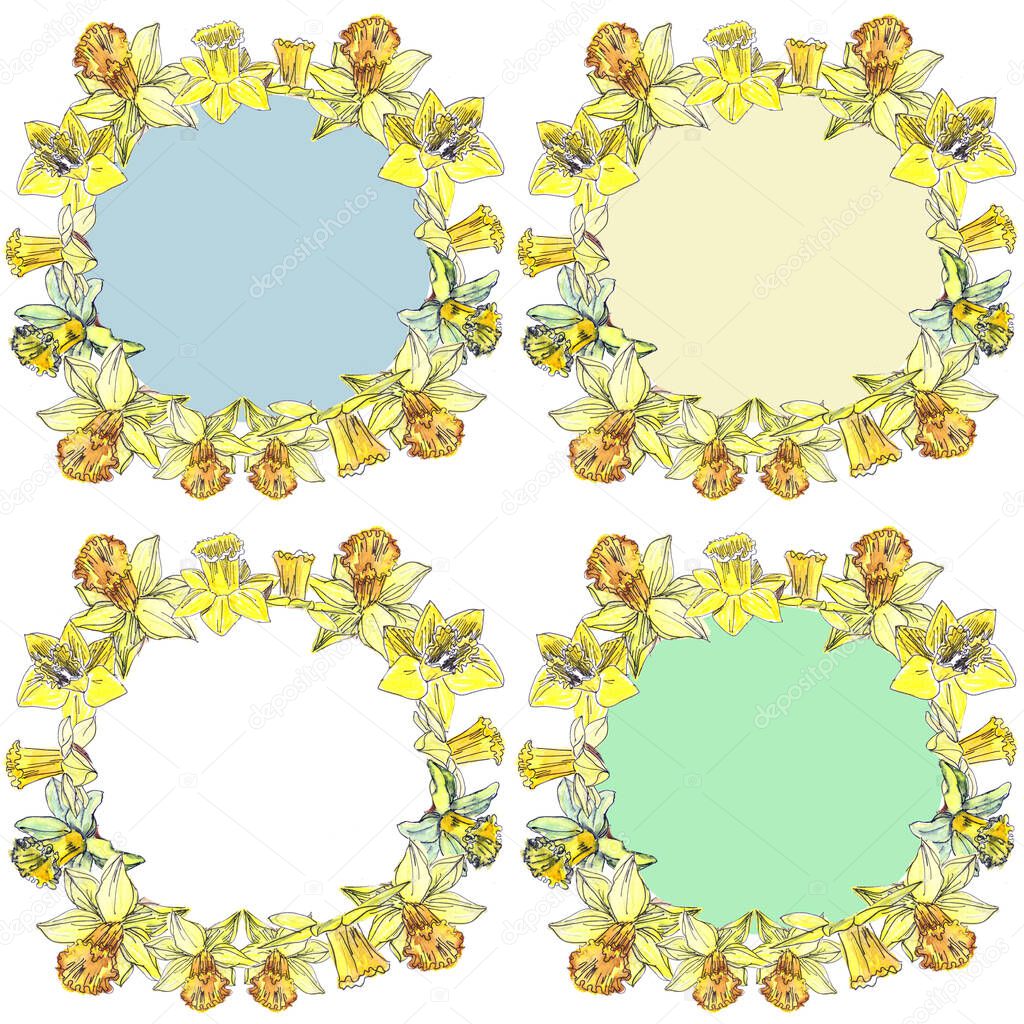 seamless pattern set of wreaths of daffodils with middles of different colors on a white background