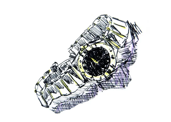 Graphic Drawing Wristwatch Metal Bracelet White Background — Stock Photo, Image