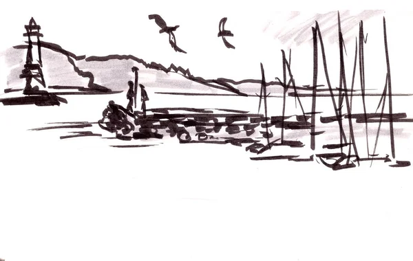 graphic drawing of a lighthouse, yachts and seagulls on Lake Geneva on a white background