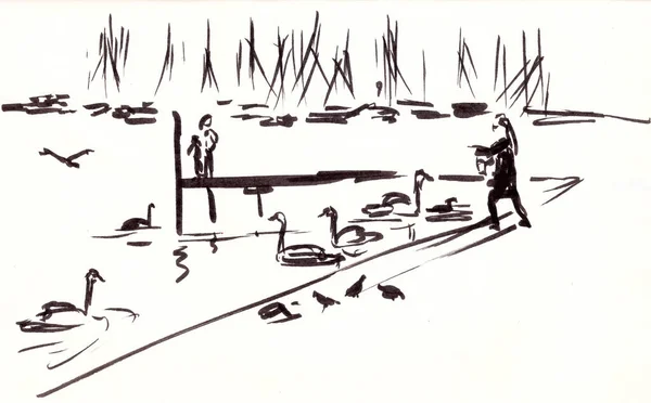 Grafische Zeichnung Von Schwänen Und Yachten Auf Dem Genfer See — Stockfoto