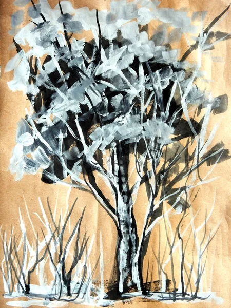 Черно Белое Дерево Рисования Кистью Текстурном Коричневом Фоне — стоковое фото