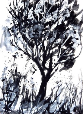 Grafik siyah ve beyaz desen fırçası beyaz arka planda yalnız ağaç çiziyor