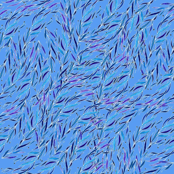 Гілки Безшовний Візерунок Синім Синьому Фоні Вузькі Листки — стокове фото